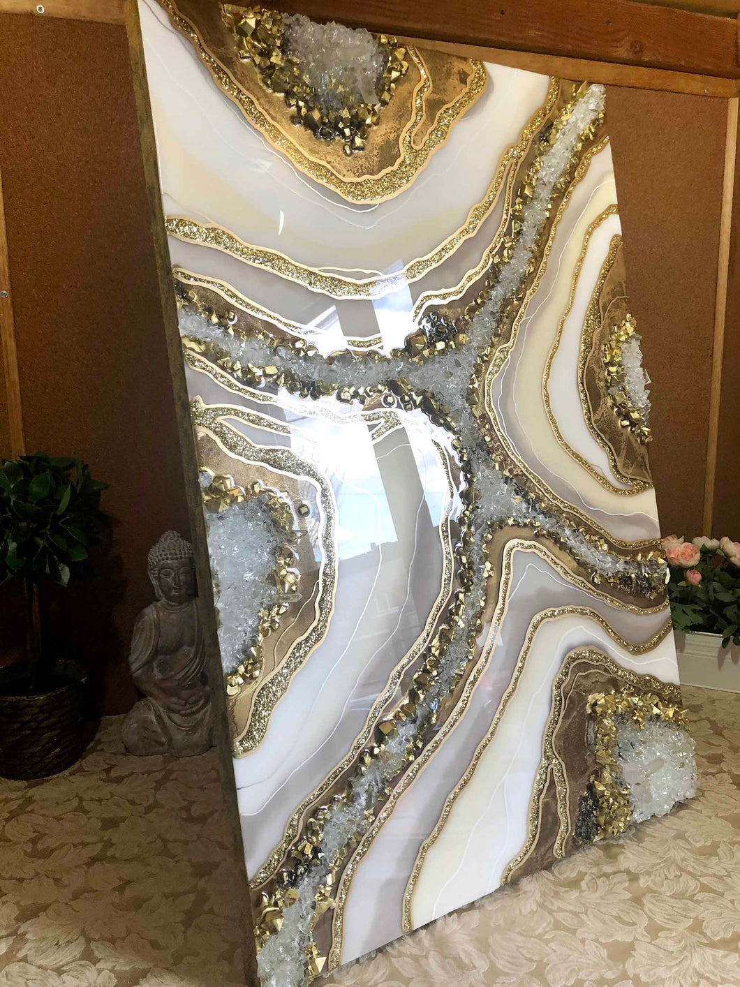 White And Gold Geode Wall Art With Genuine Crystal Quartz