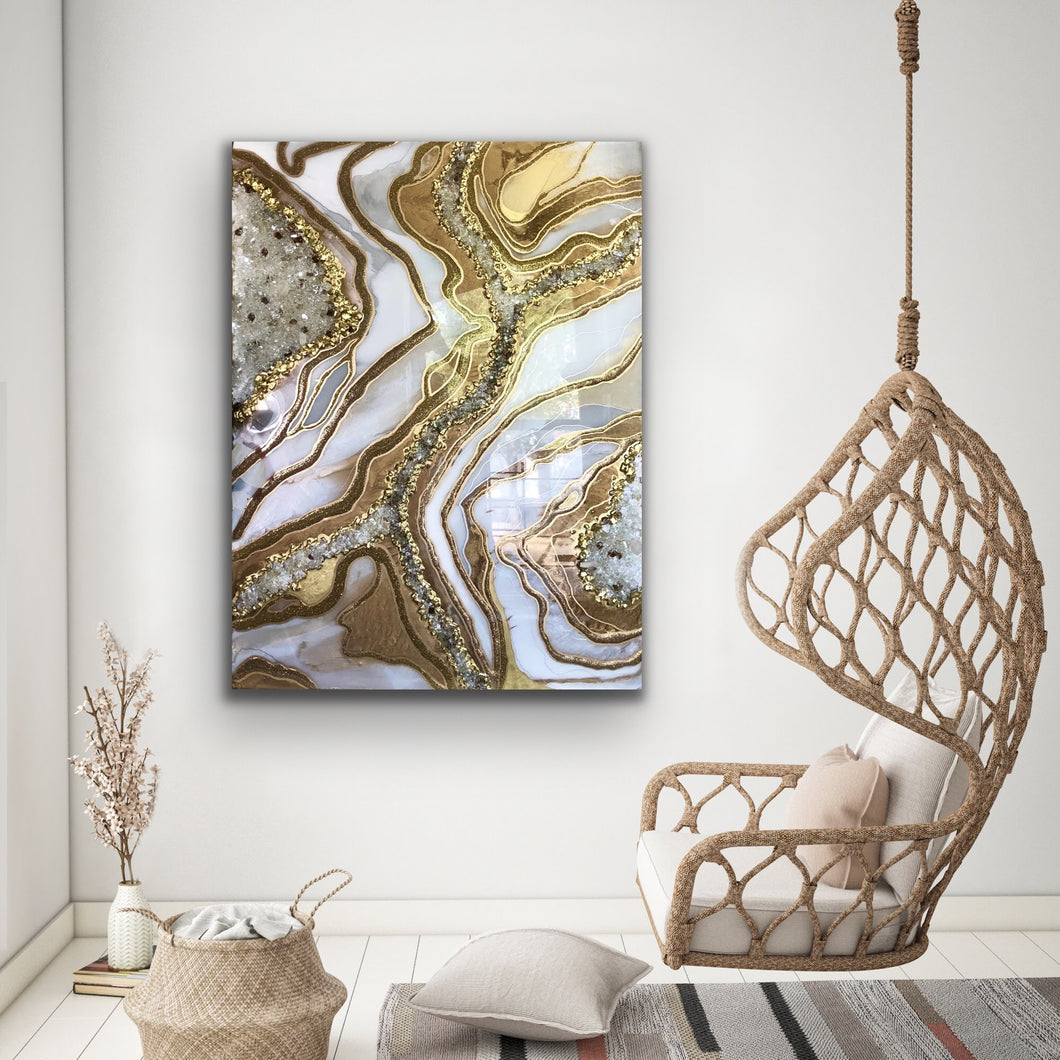 White And Gold Geode Wall Art With Clear Crystal Quartz