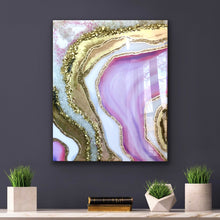 Load image into Gallery viewer, Pink And Gold Resin Geode Painting With Real Crystal Quartz Points
