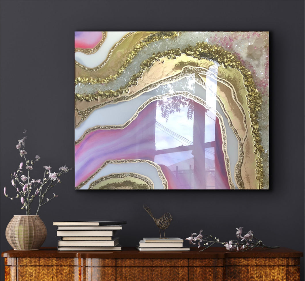 Pink And Gold Resin Geode Painting With Real Crystal Quartz Points