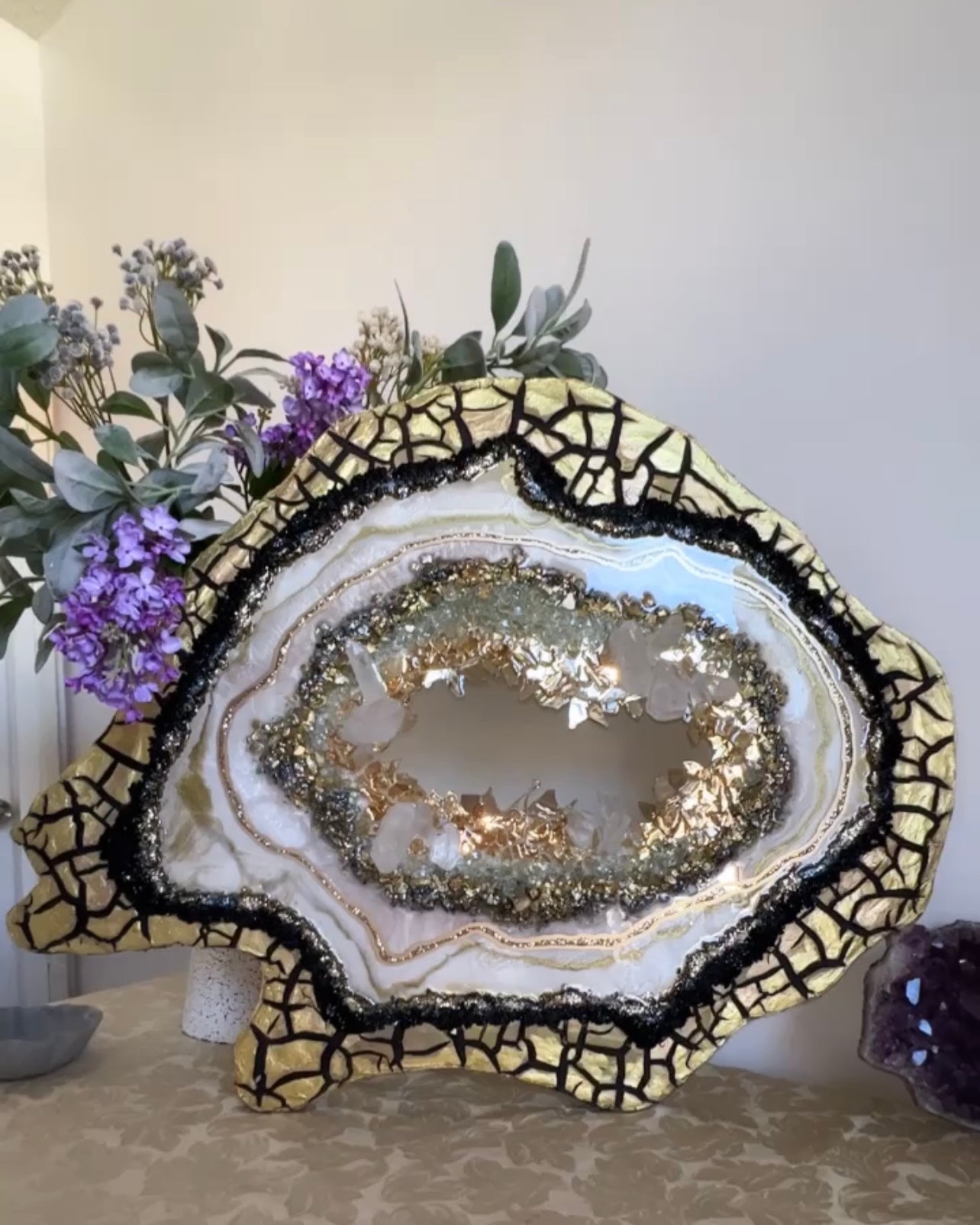 Crystal Geode Agate Slice Freeform Handled Glass tile Resin Tray Purple Gold Queen top Goddess Art Decor