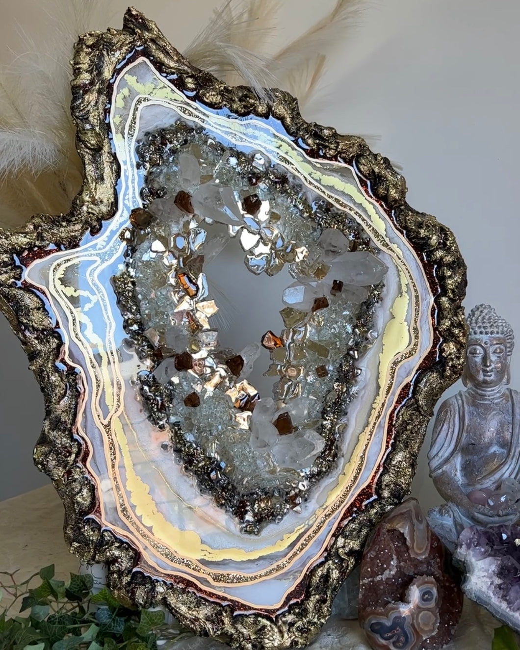 Neutral Colored Geode Slice With Genuine Crystal Quartz